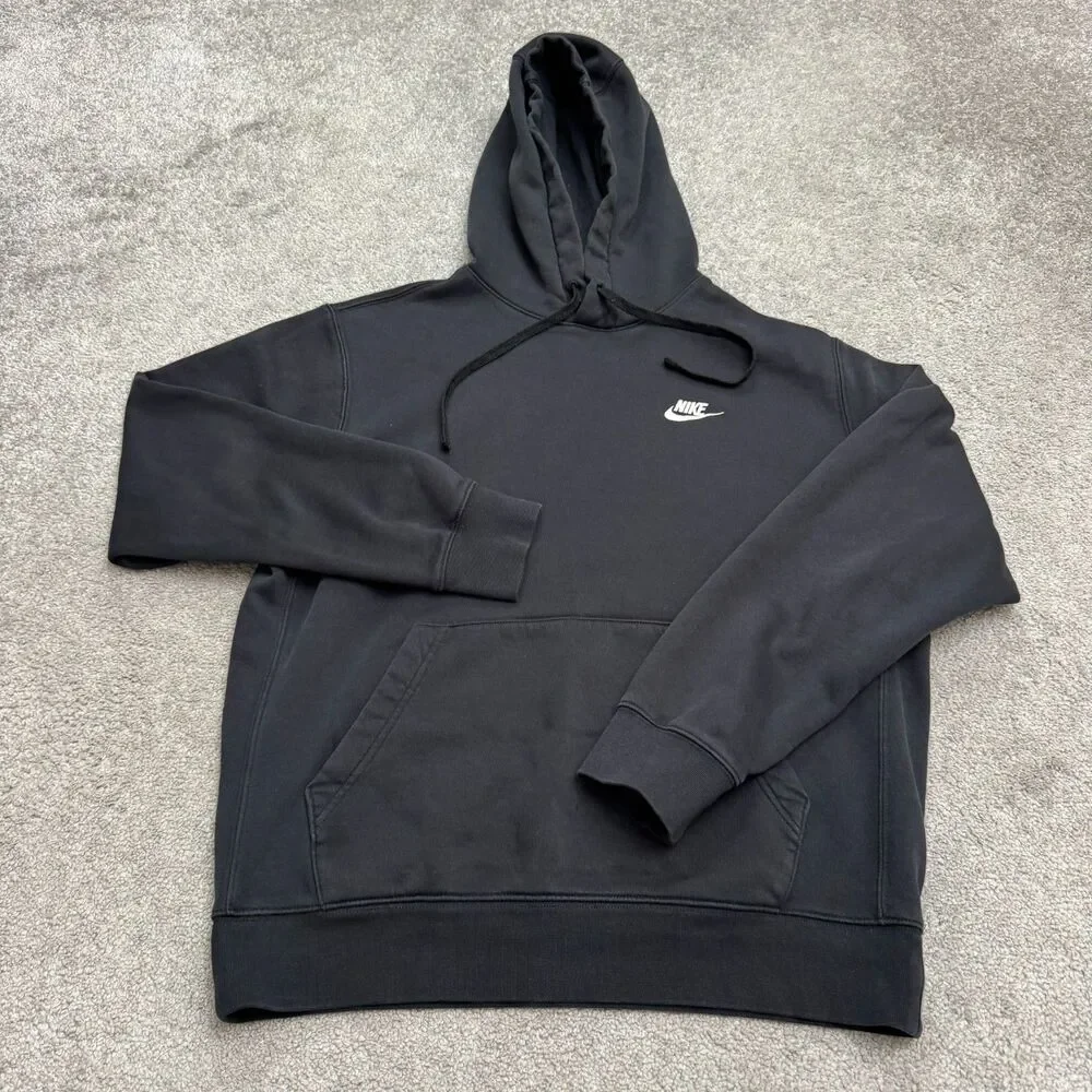 Nike Fleece Pullover Hoodie Sweatshirt Mens Medium Black Swoosh Logo Activewear